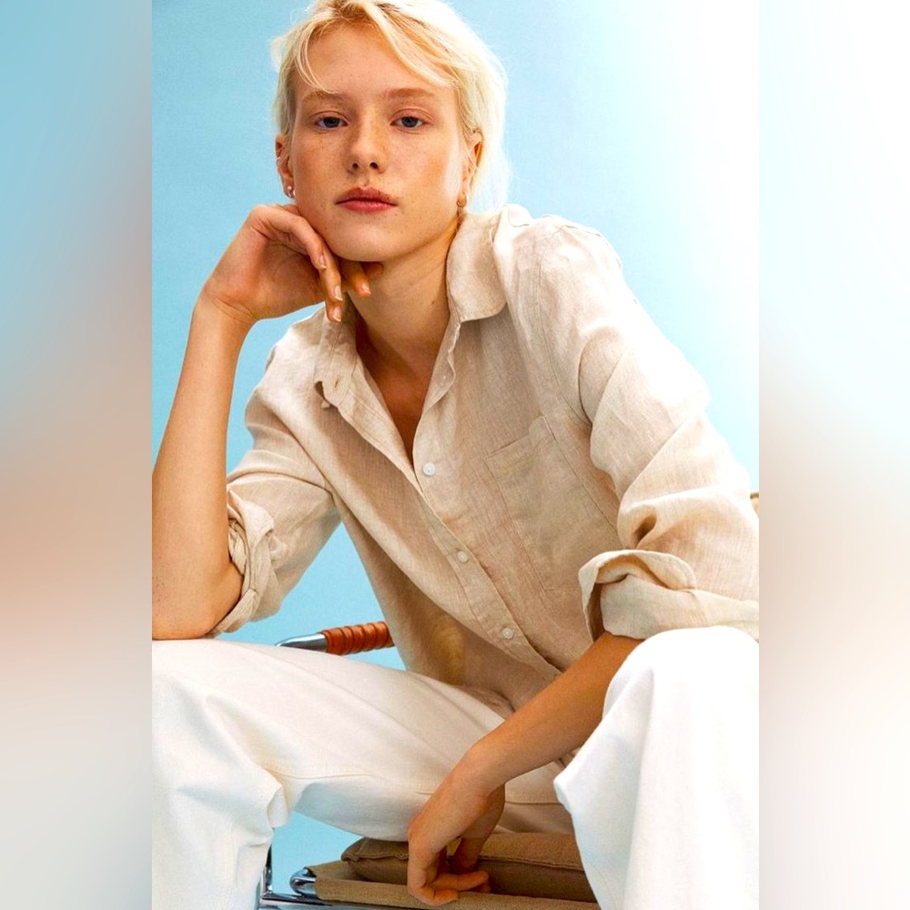 🆕 H&M L Women’s Natural Linen Collard Button Down Shirt